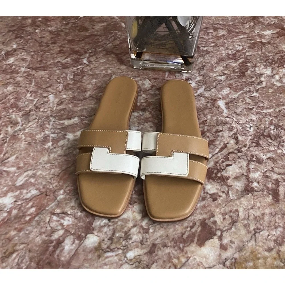 New‎ Tuckernuck Muse Cognac White Leather Slide Flat Sandals Size 6.5, $165